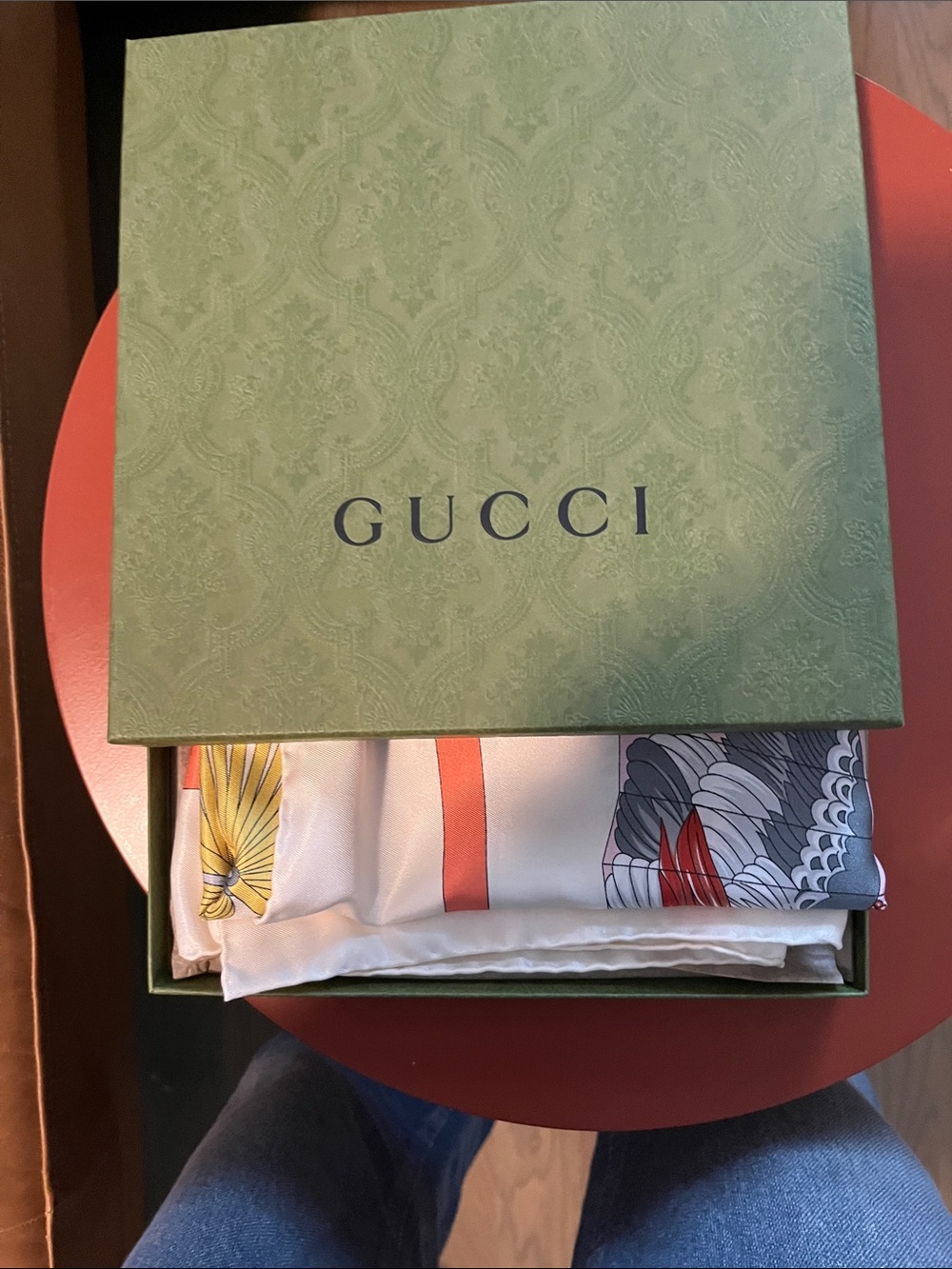 Gucci Crane & Fan Silk Scarf in Pink, Gray & Coral - Picture 4 of 4